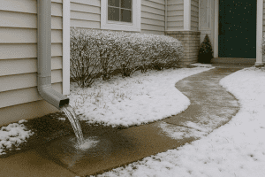 Water flowing out of a gutter down spout