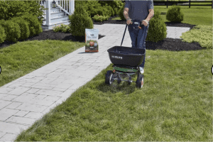 Lawn spreader applies soil improver 